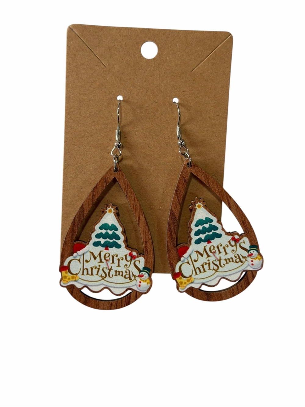 Merry Christmas Wooden Teardrop Drop Earrings - Brown